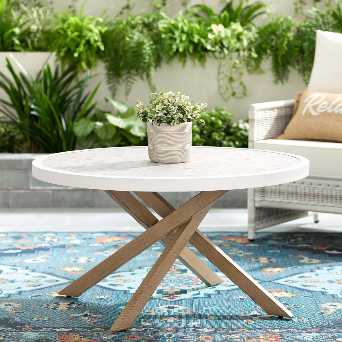 White Round Outdoor Tile-Top Coffee Table N822169