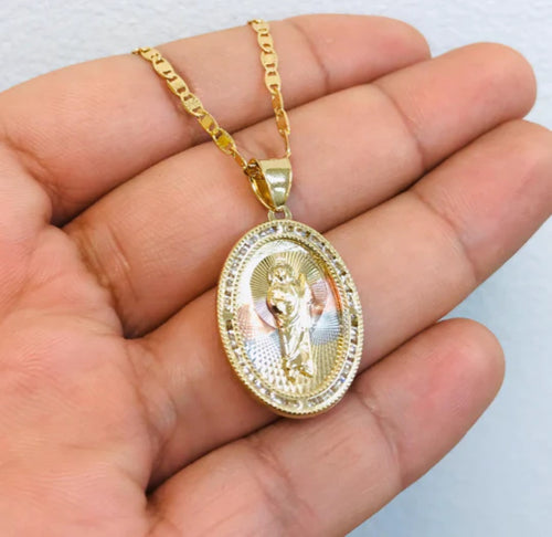 14K Gold Filled San Judas Necklace Tri-Color with CZ Stones 20" 28x20mm P341347