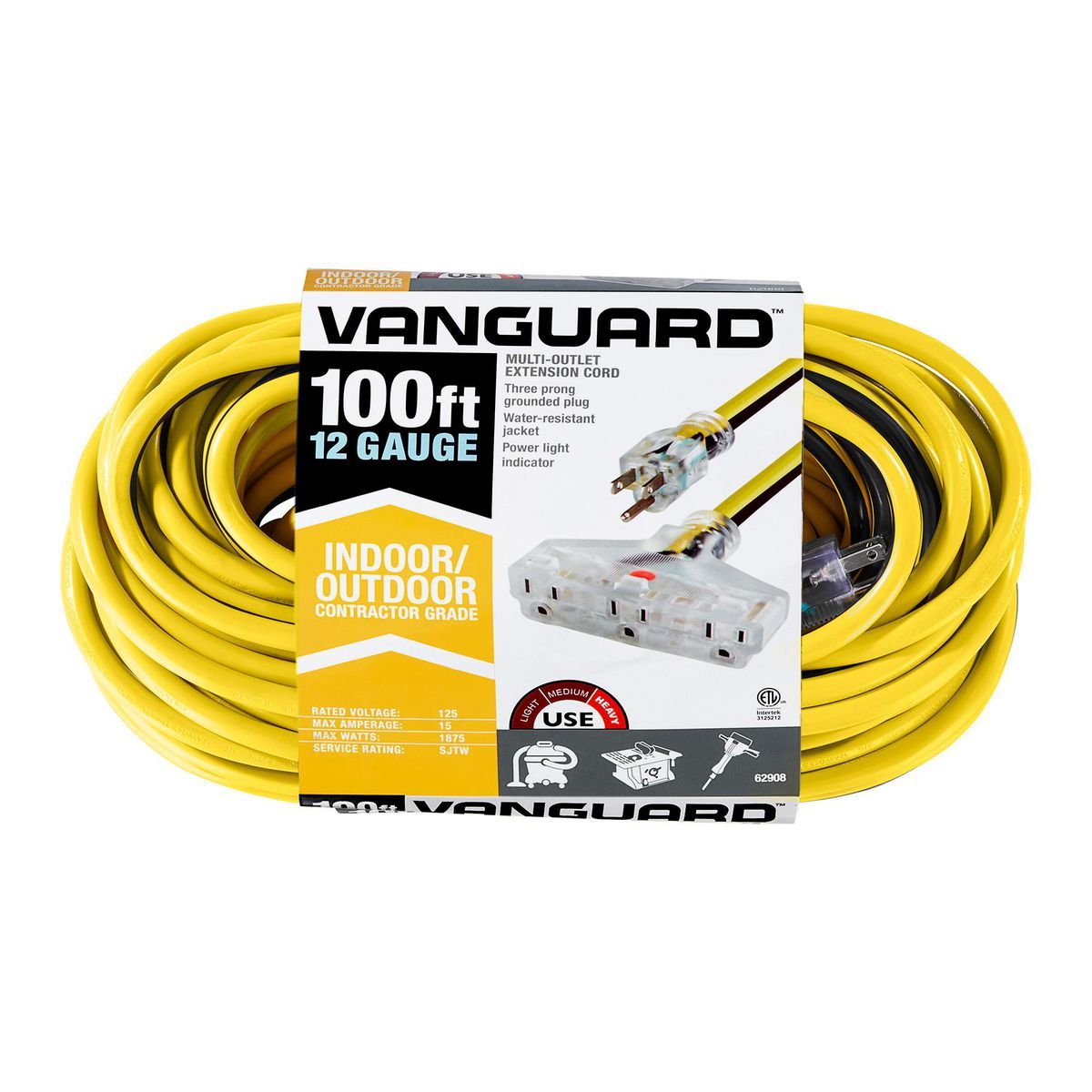 100 ft. 12/3 Gauge Multiple Outlet Extension Cord with Indicator Light, Yellow, Black M286