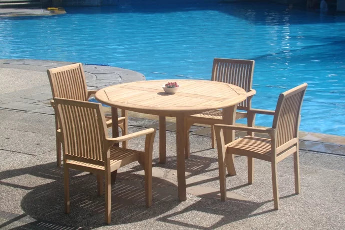 Grade-A Teak 5 Pc Dining Set with 52" Round Table and 4 Stacking Arm Chairs V451609