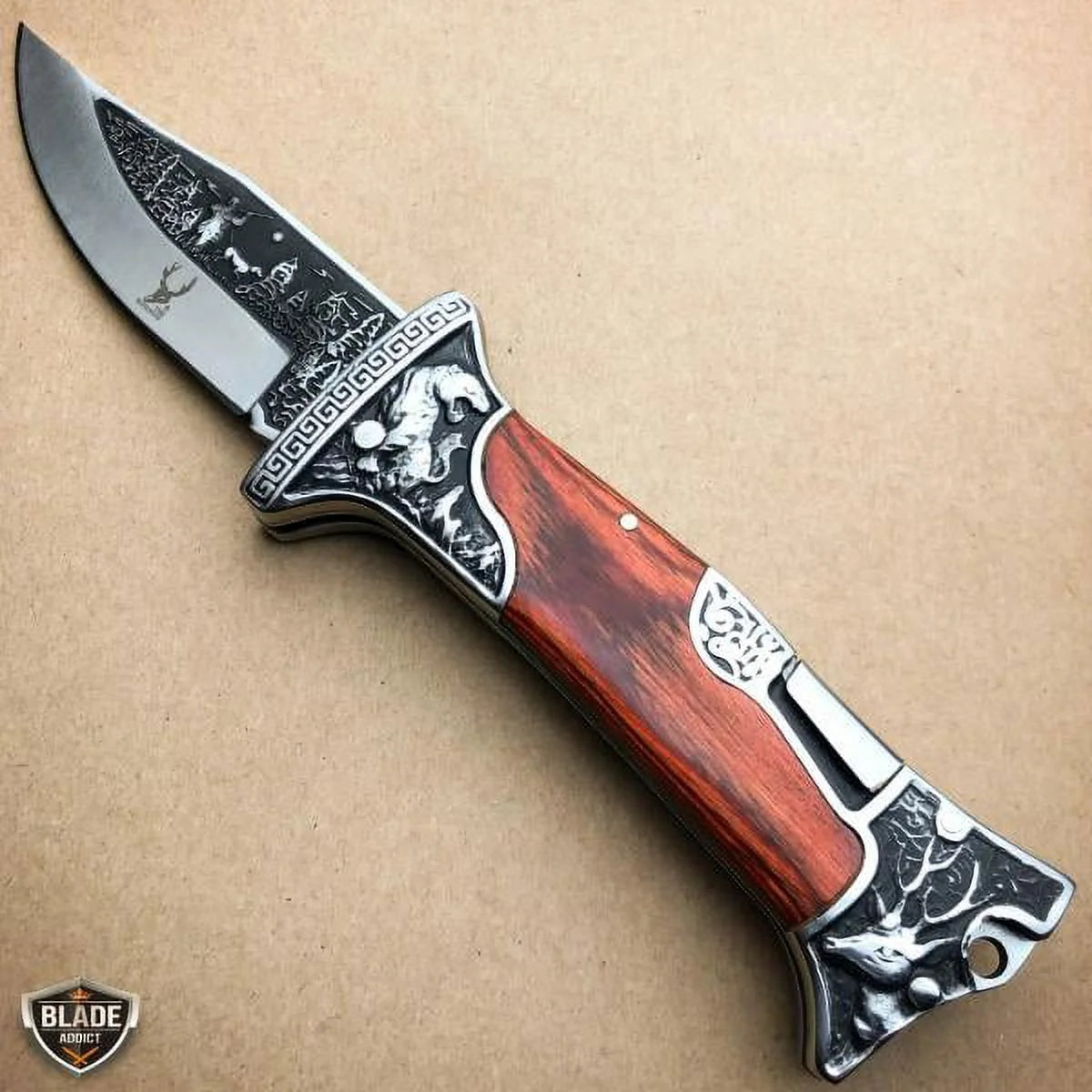 Brown Wood Handle Engraved Blade Lockback Folding Pocket Knife B344256