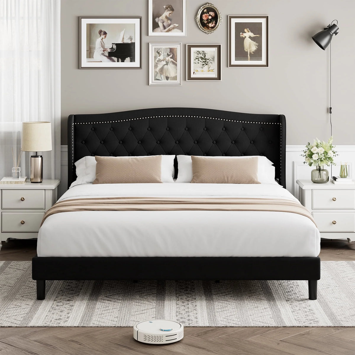 King Bed Frame with Wing-Back Button Tufted Upholstered Headboard J53049