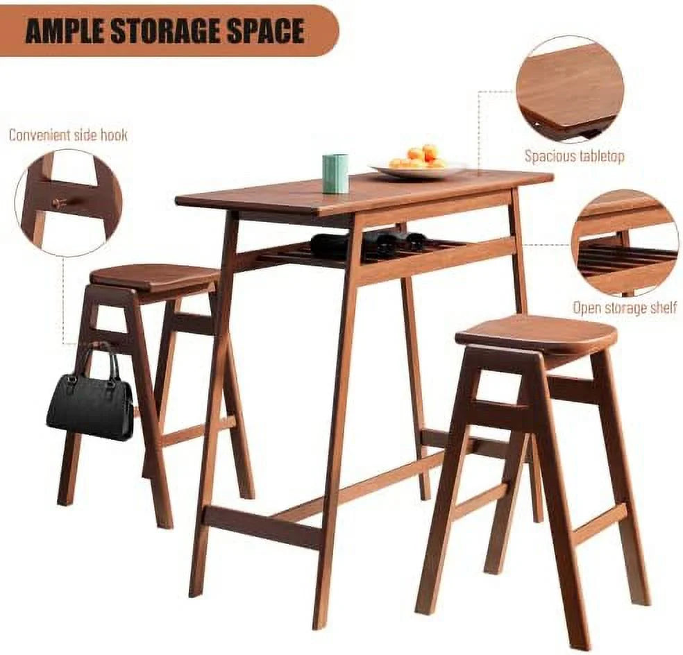3 PCS Pub Dining Set Rubber Wood Stackable Backless High Stool with Shelf and Hooks H720