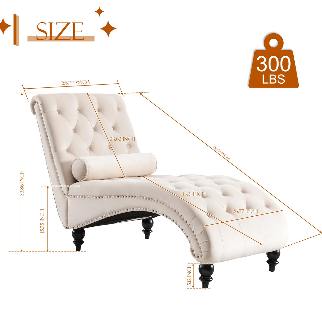 Beige Velvet Tufted Chaise Lounge with Wood Legs D5879