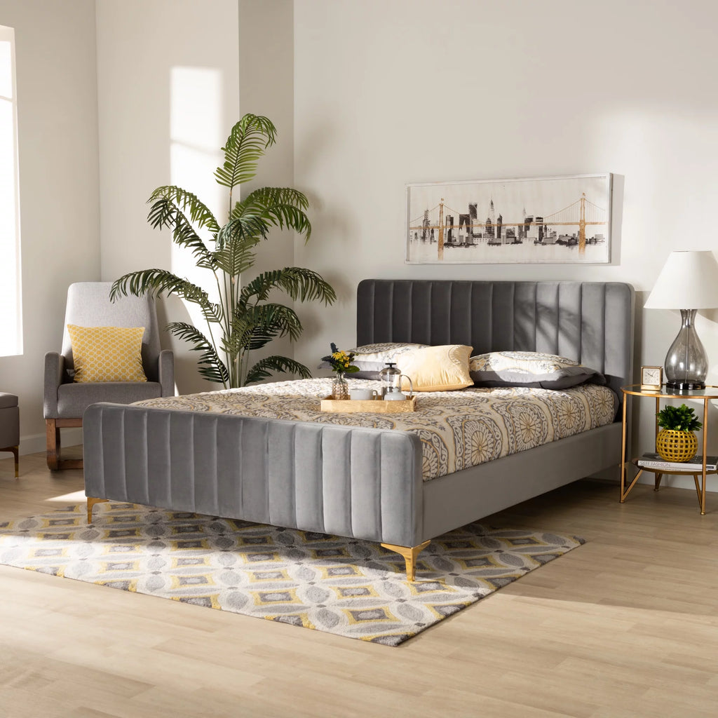 Light Grey Velvet Queen Size Platform Bed T19404