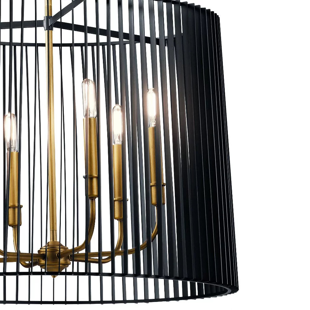 6-Light Chandelier Natural Brass Matte Black Slatted Shade J979731