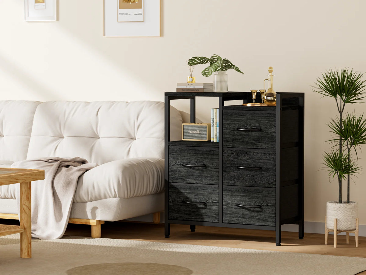 5 Fabric Drawers Rustic Brown Dresser with Shelves R345