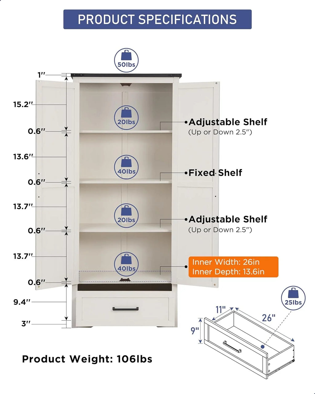 White 2-Door Storage Cabinet with Drawer Q5471