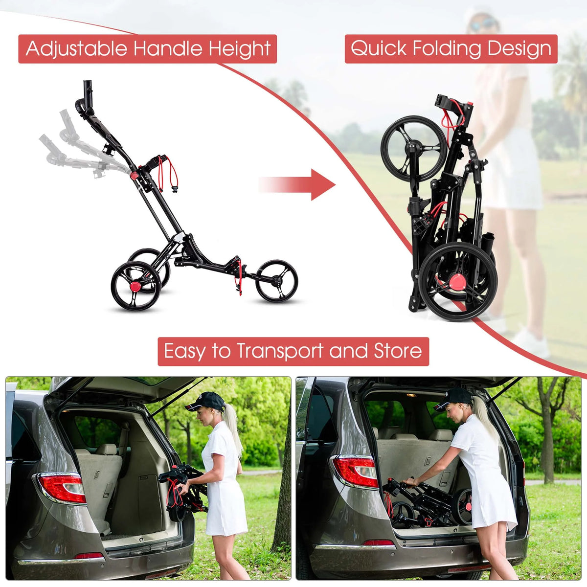Foldable 3 Wheel Steel Golf Push Cart with Umbrella Holder M311
