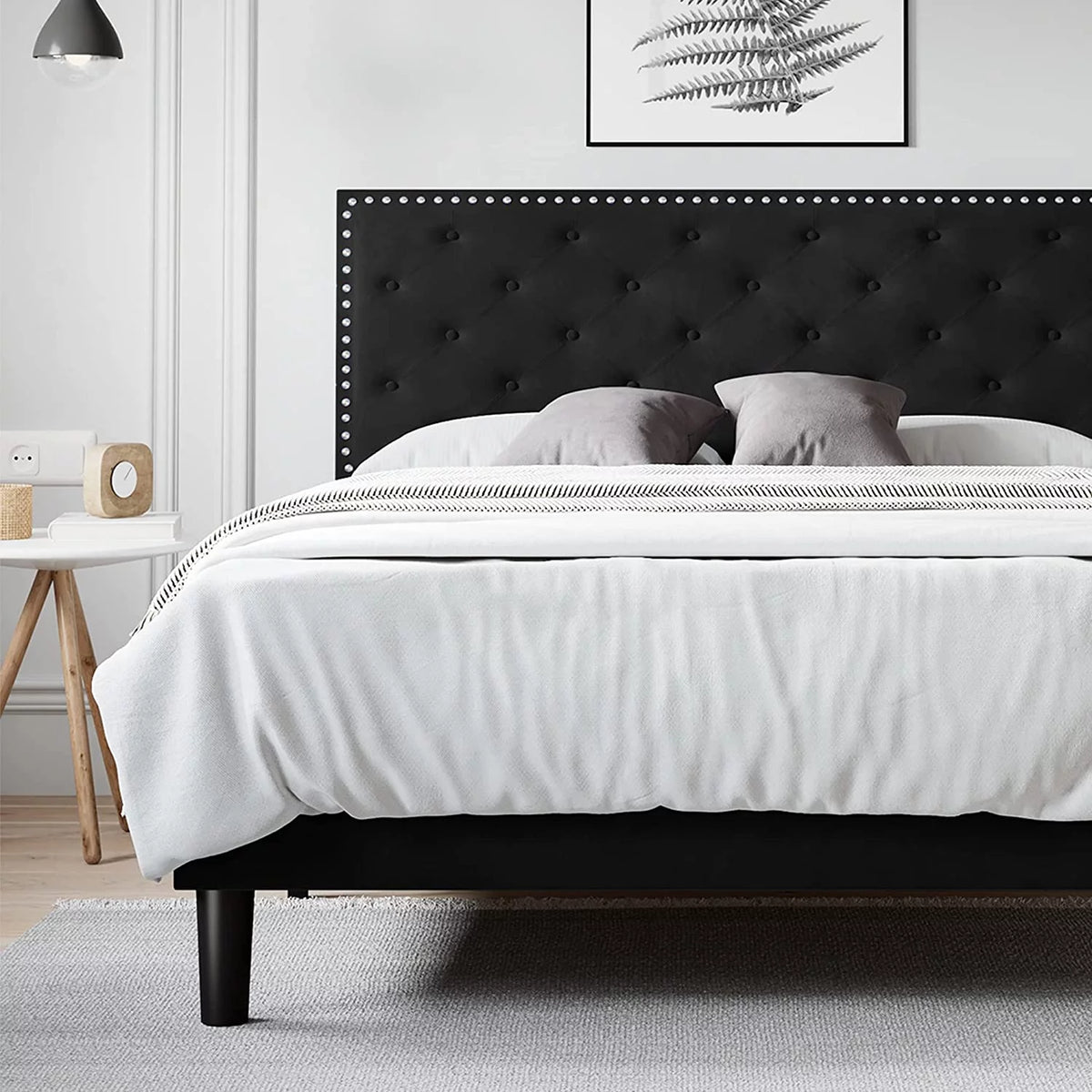 Queen Size Velvet Upholstered Platform Bed with Tufted Headboard W8655
