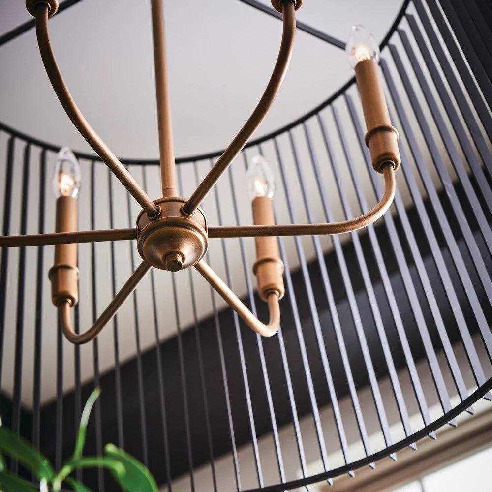 6-Light Chandelier Natural Brass Matte Black Slatted Shade J979731