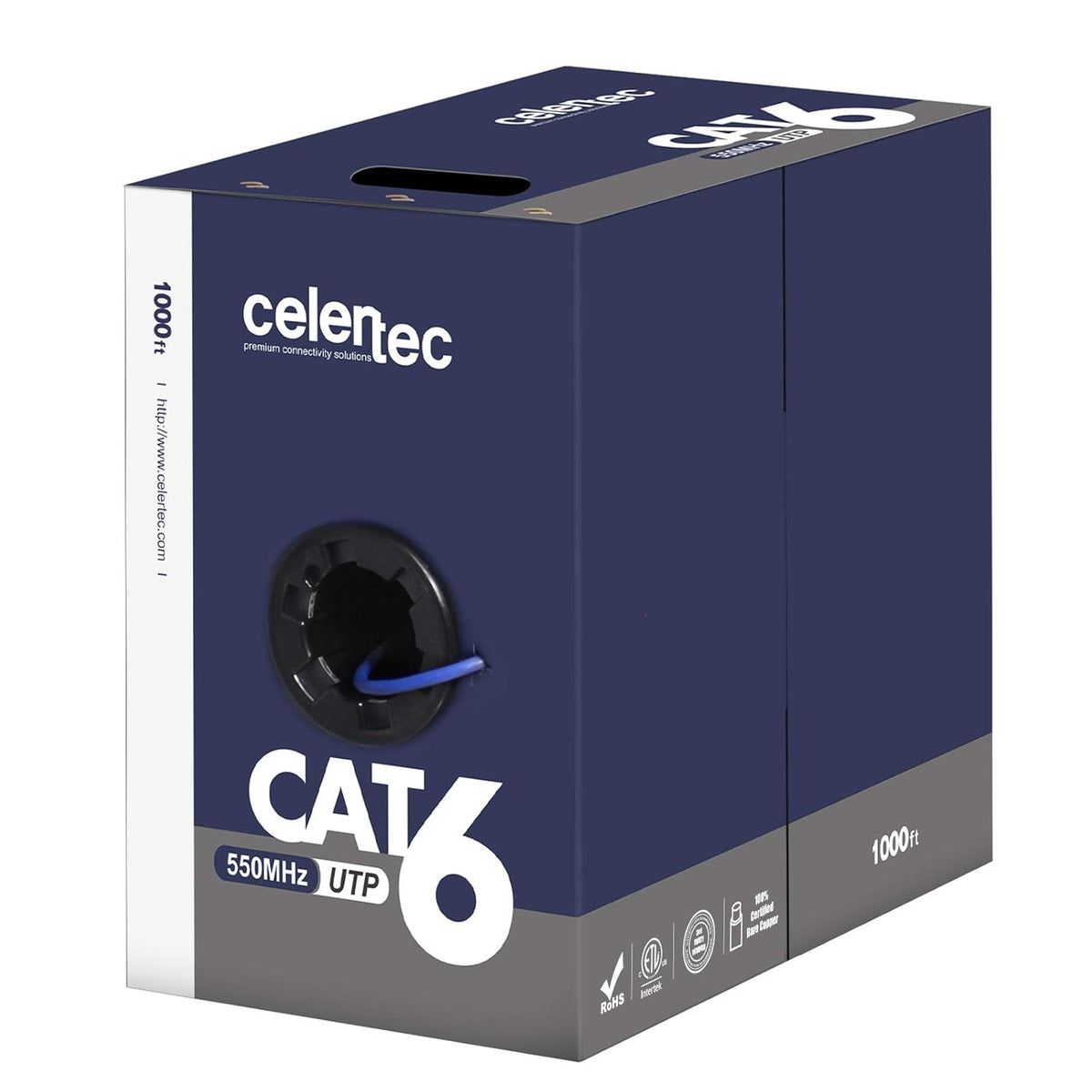 CAT6 Ethernet Cable, 1000ft, 23AWG Solid Bare Copper, UTP, 550MHz, Bulk Pull Box - Blue T28451