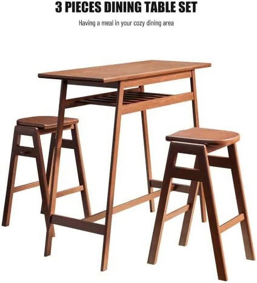 3 PCS Pub Dining Set Rubber Wood Stackable Backless High Stool with Shelf and Hooks H720