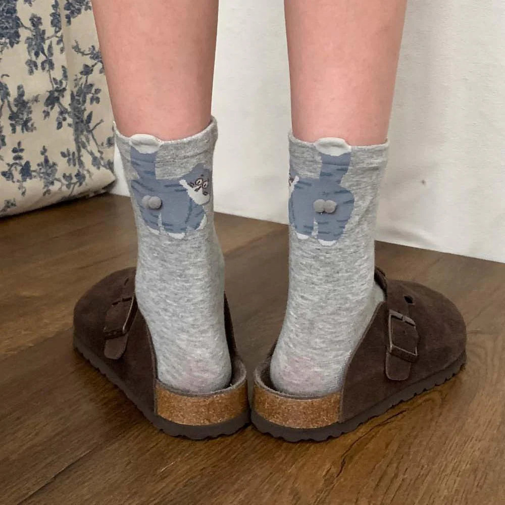Cute Cat Cotton Socks with Pom Poms U10597