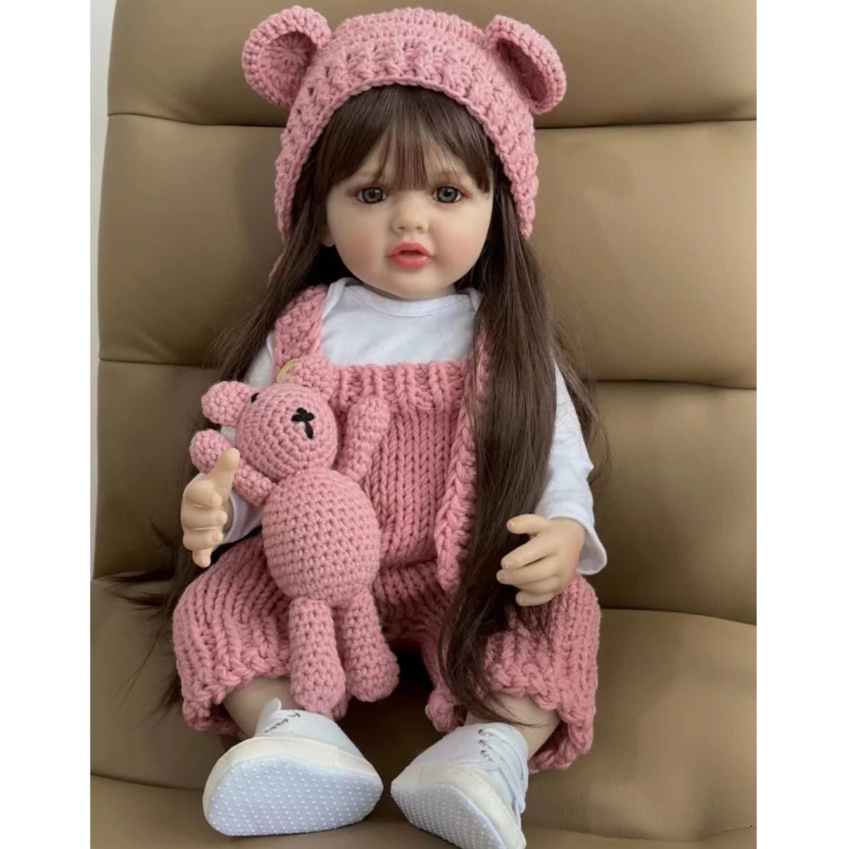22 inch Soft Silicone Vinyl Reborn Baby Doll in Pink Knitted Clothes with Bear Toy C979