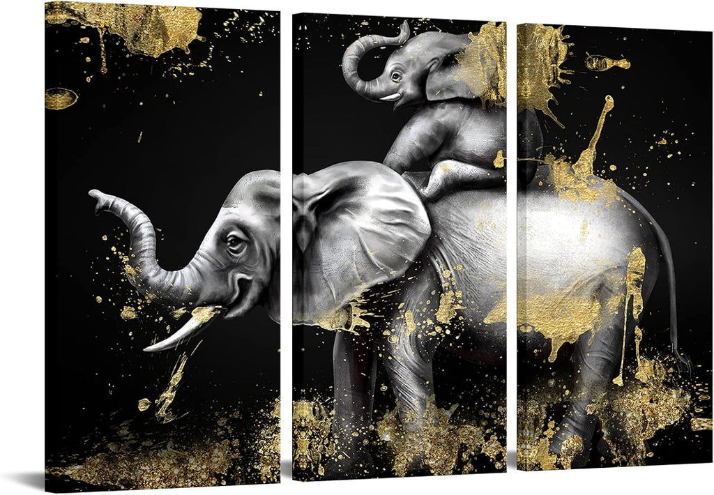 Black and Gold Elephant Canvas Art Set of 3 Framed Ready to Hang B67128