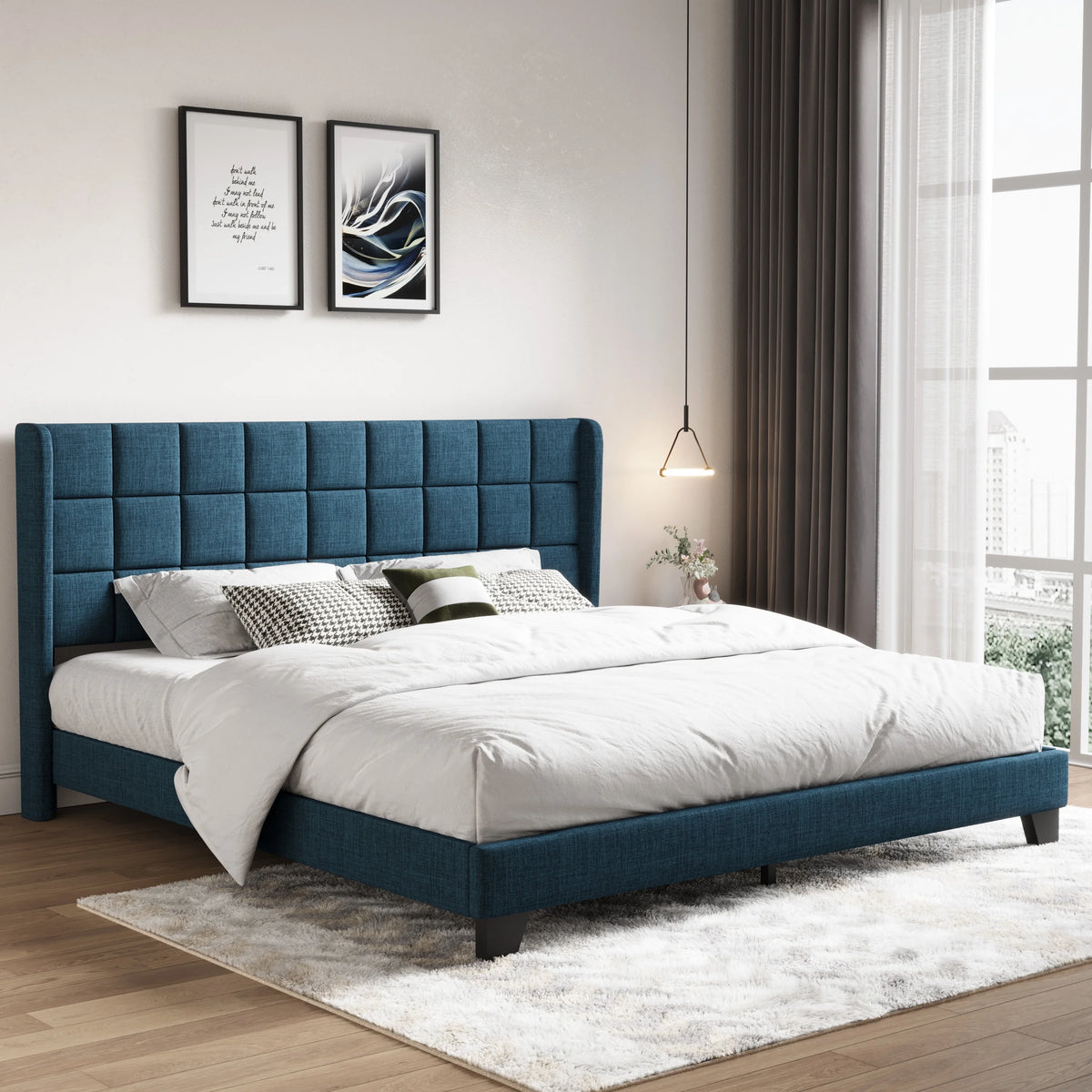 Queen Size Dark Grey Platform Bed with Wingback Headboard U9336
