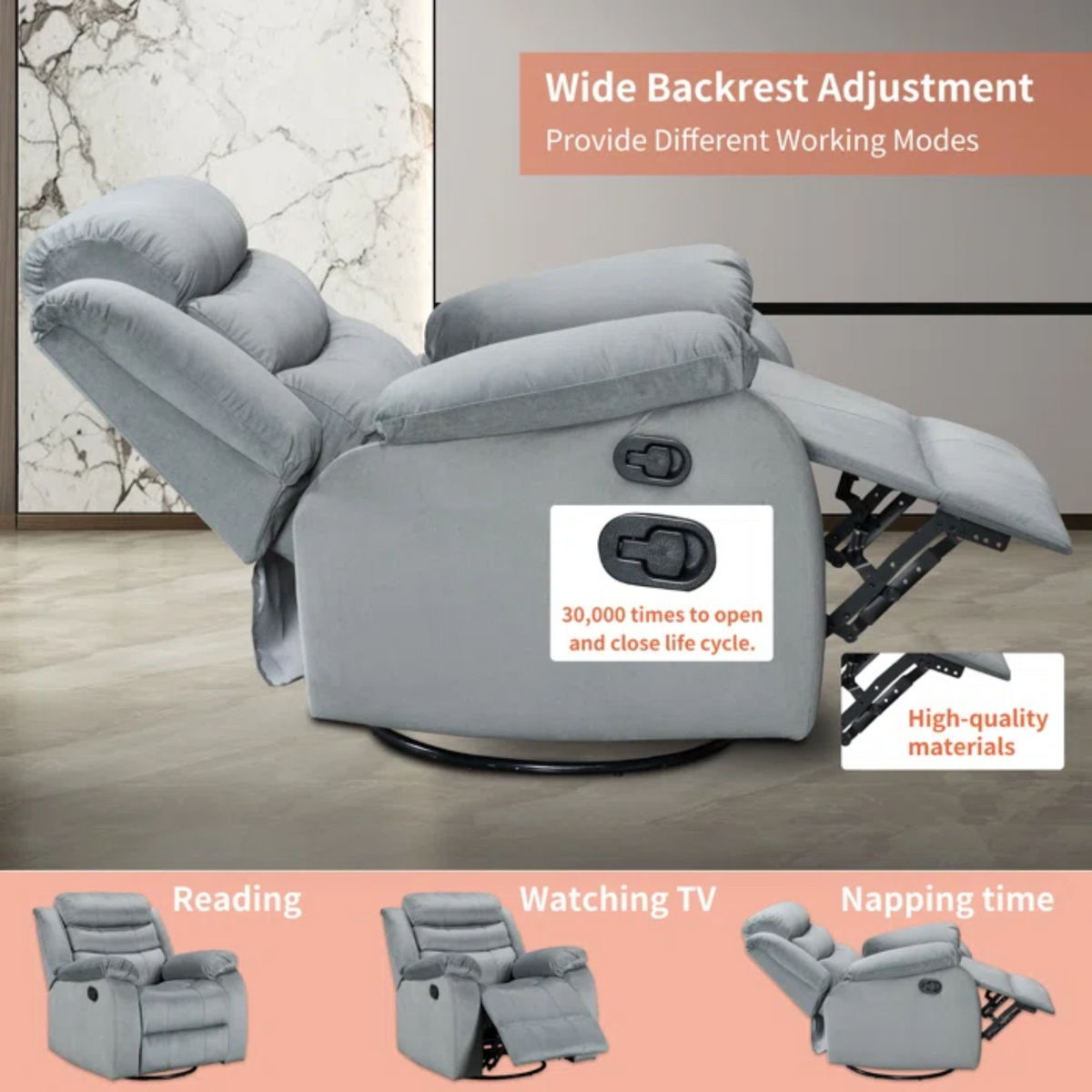 Gray Velvet Swivel Rocking Recliner Chair O2468