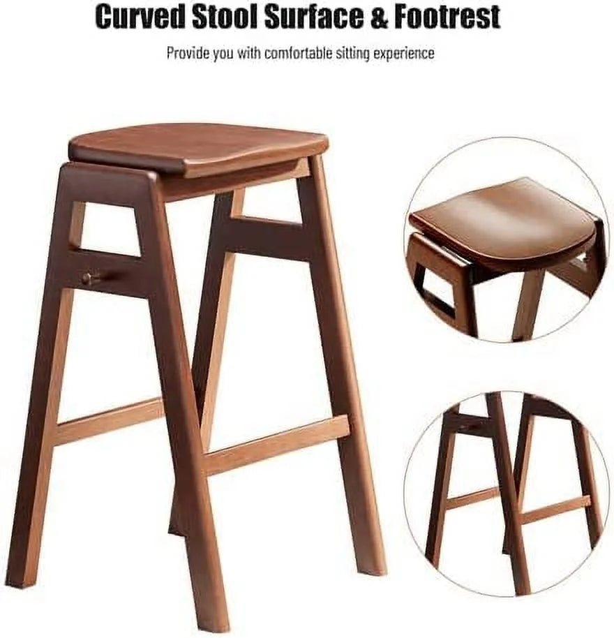 3 PCS Pub Dining Set Rubber Wood Stackable Backless High Stool with Shelf and Hooks H720