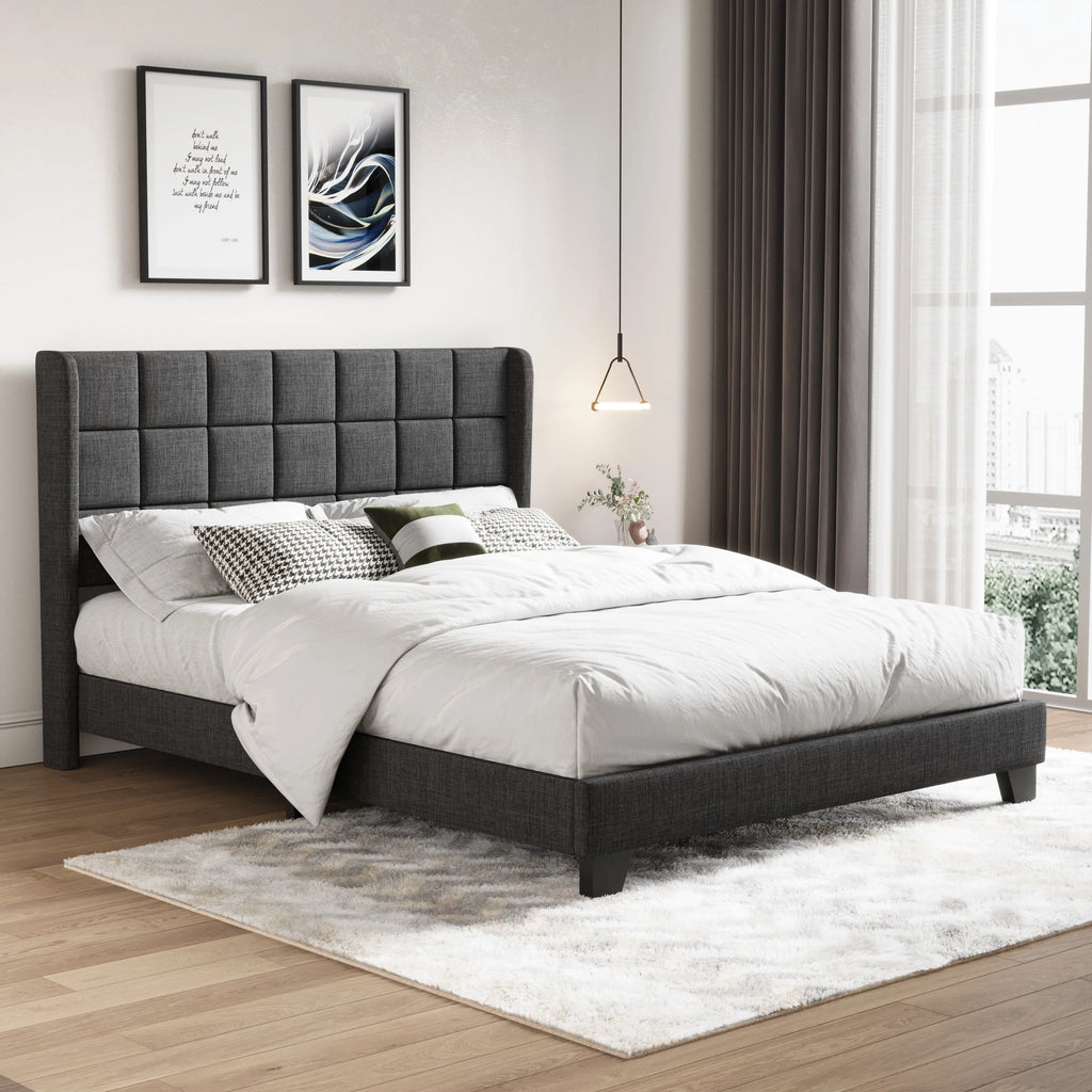 Queen Size Dark Grey Platform Bed with Wingback Headboard U9336