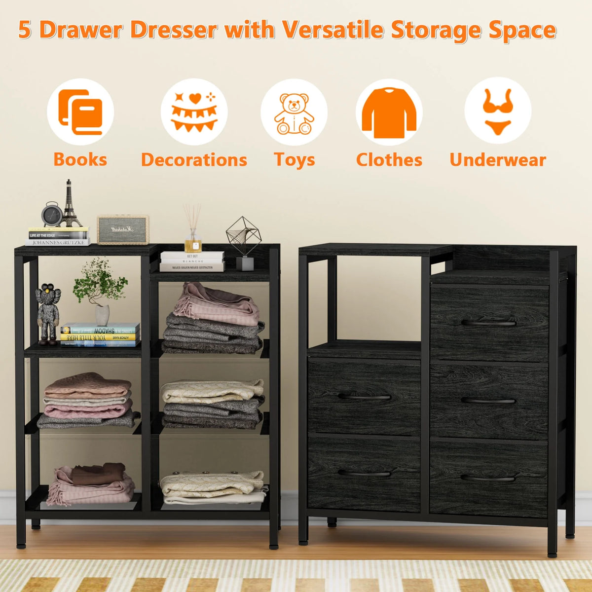 5 Fabric Drawers Rustic Brown Dresser with Shelves R345