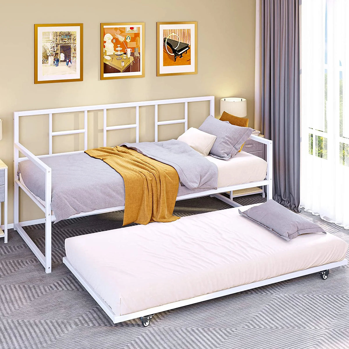 Twin Daybed with Pull Out Trundle Bed, White S916