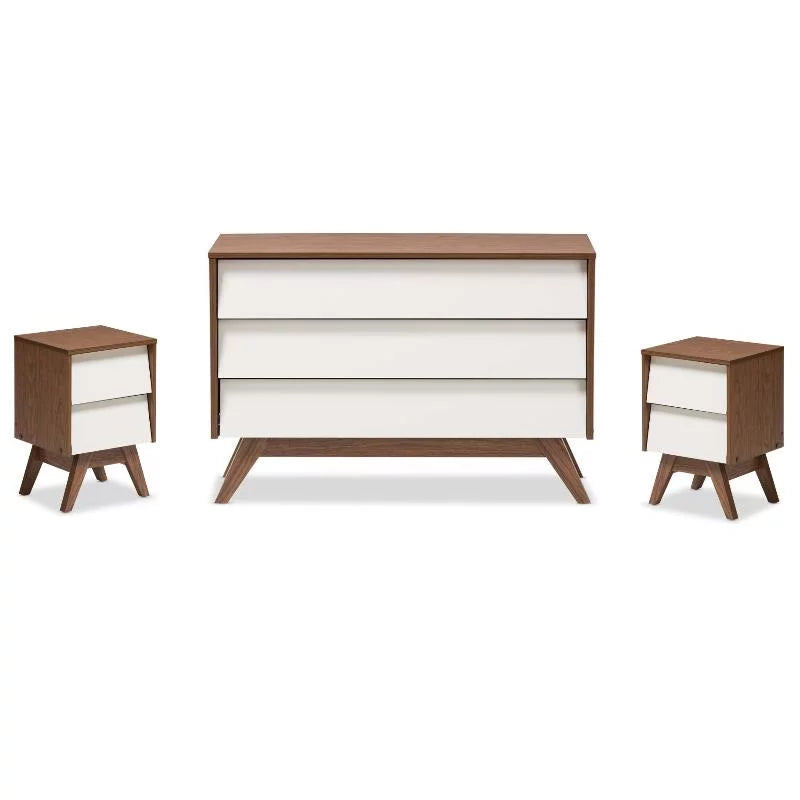 3 Piece Bedroom Set with Chest and 2 Nightstands in White and Walnut C4032