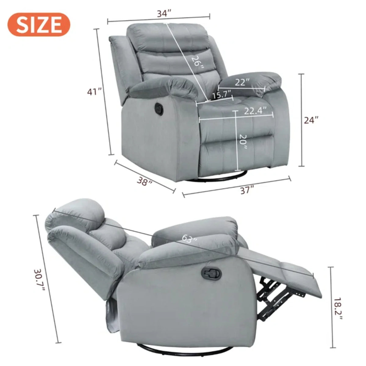 Gray Velvet Swivel Rocking Recliner Chair O2468