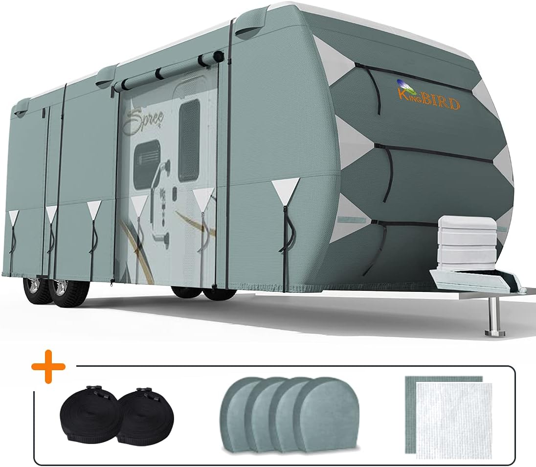 Extra-Thick 5 Layers Waterproof RV Cover with 2Pcs Straps & 4 Tire Covers S21917