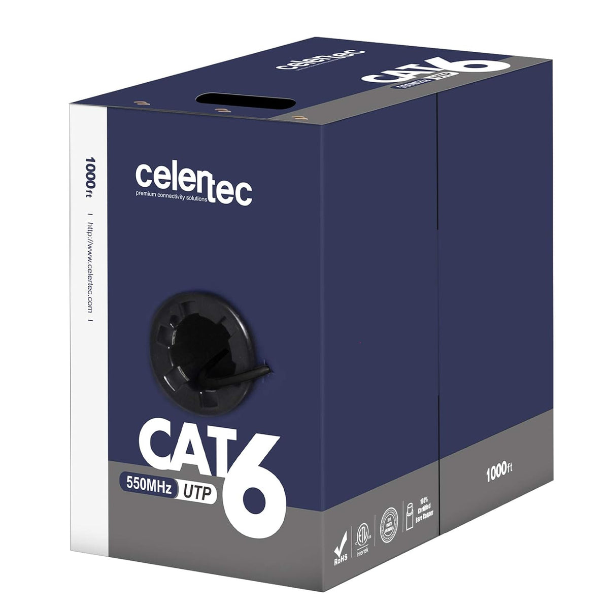 CAT6 Ethernet Cable, 1000ft, 23AWG Solid Bare Copper, UTP, 550MHz, Bulk Pull Box - Blue T28451