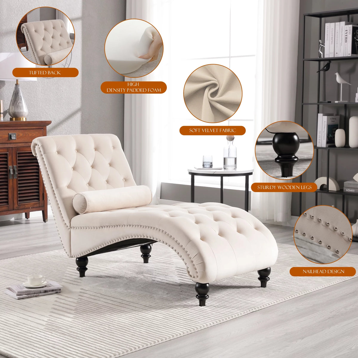 Beige Velvet Tufted Chaise Lounge with Wood Legs D5879