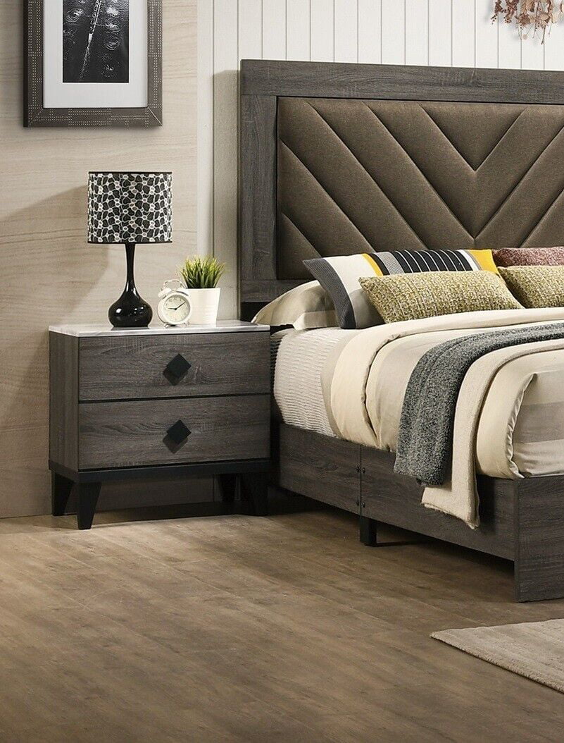 Gray Queen Size Wooden Bedframe with 2 Nightstands 3pc Furniture Set P597