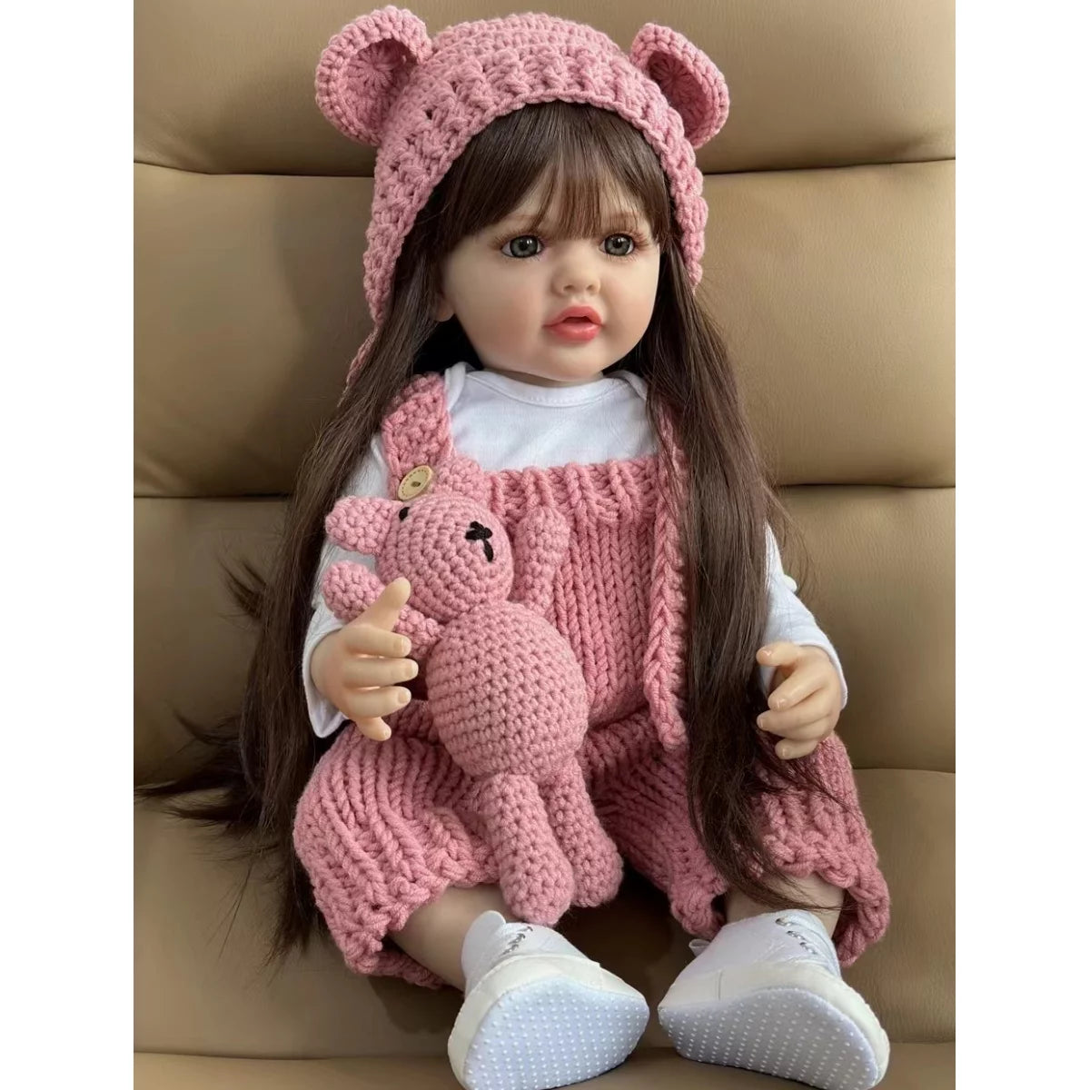 22 inch Soft Silicone Vinyl Reborn Baby Doll in Pink Knitted Clothes with Bear Toy C979
