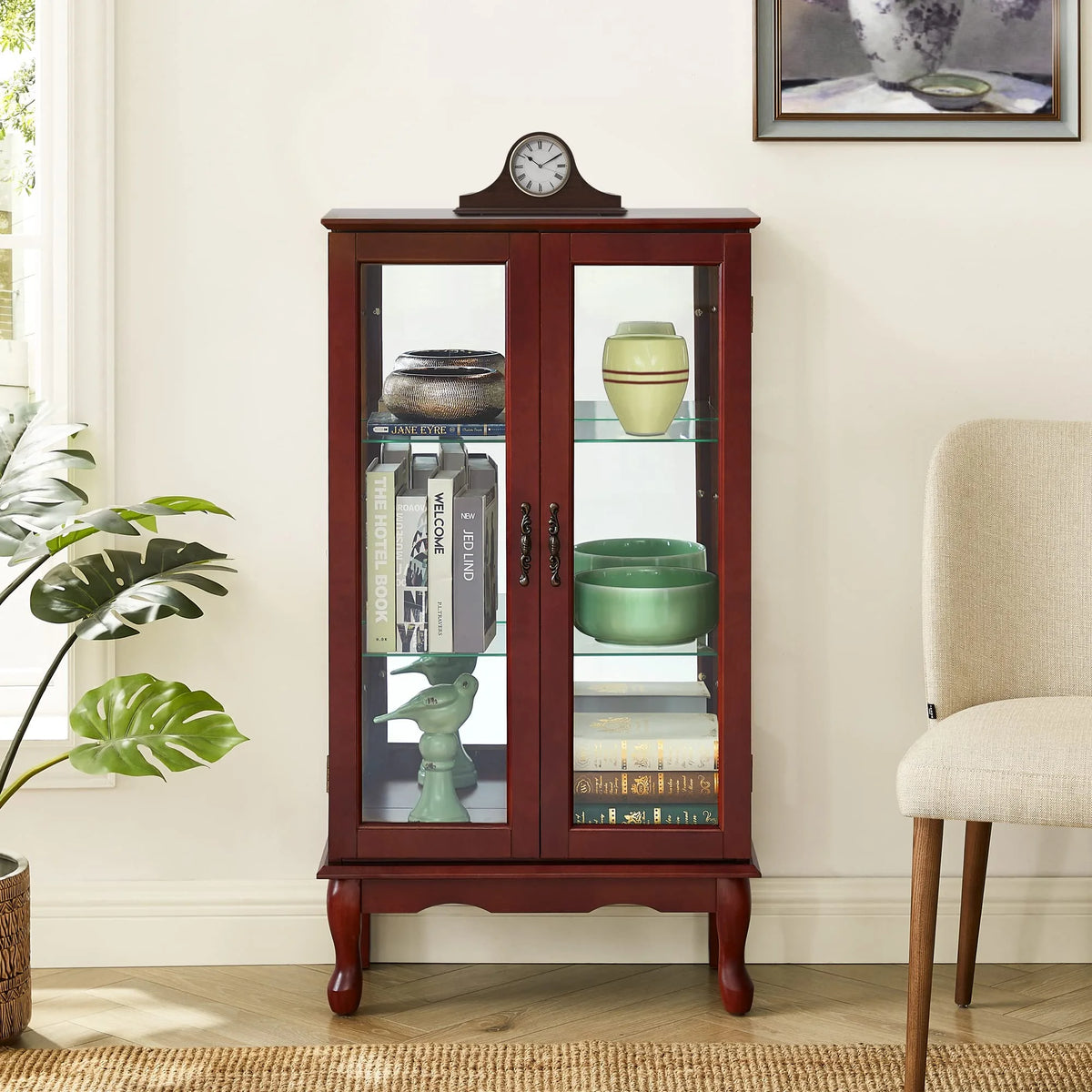 3 Tier Curio Cabinet with Tempered Glass Doors, Cherry E78001