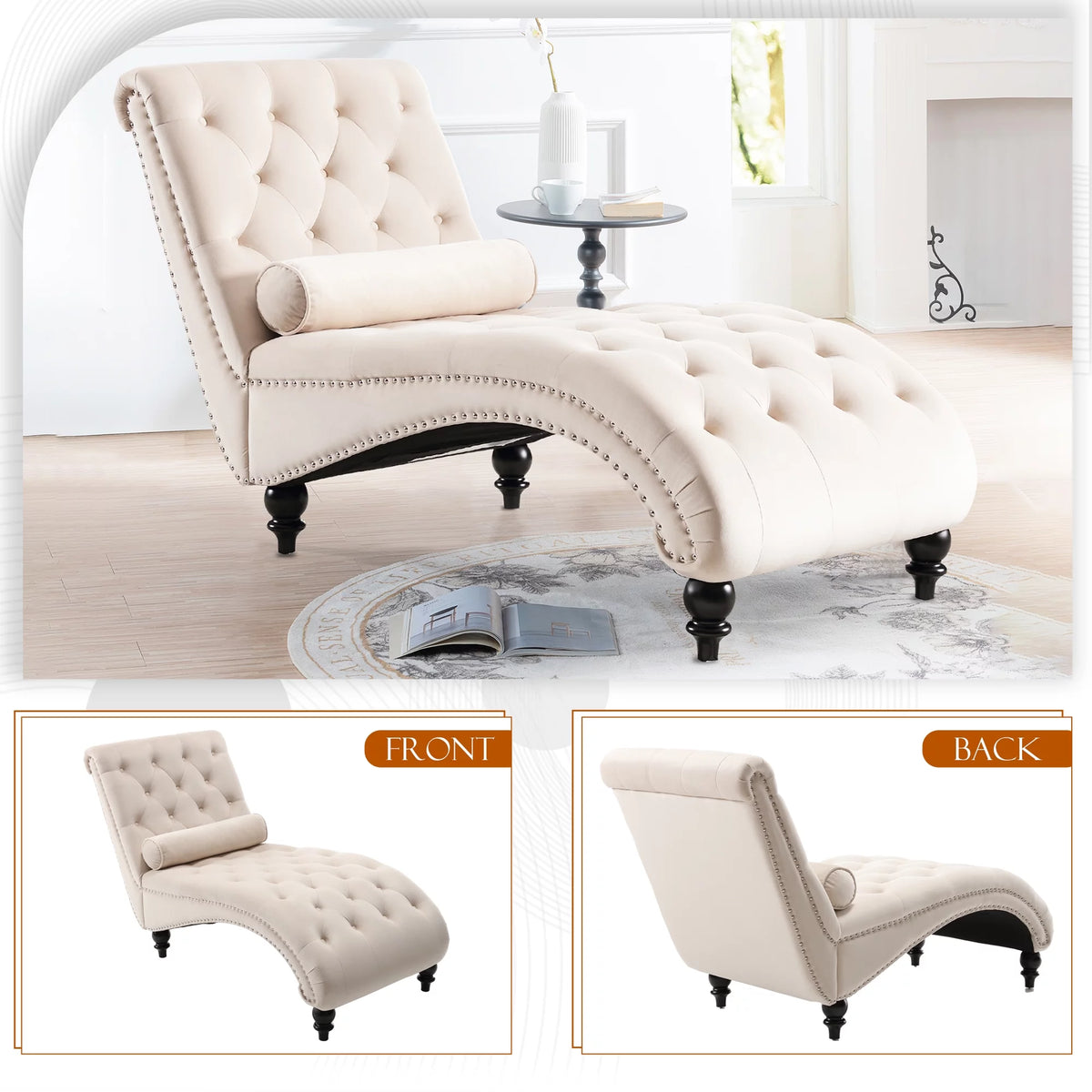 Beige Velvet Tufted Chaise Lounge with Wood Legs D5879