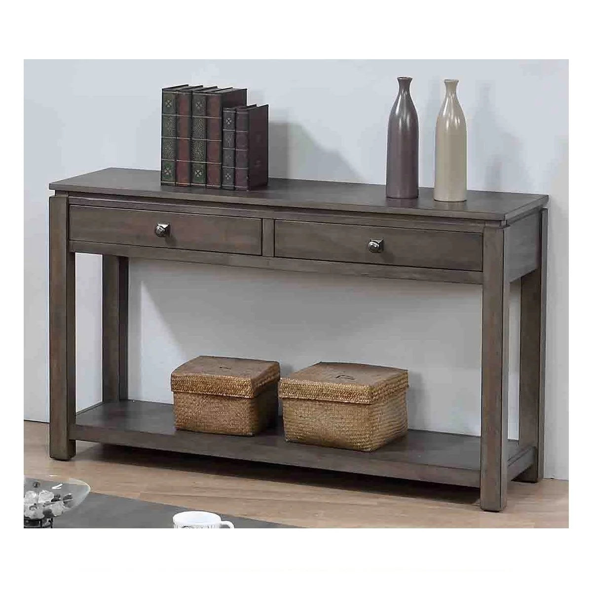 Gray Rectangular Wooden Sofa Console Table with Drawers and Shelf R82959