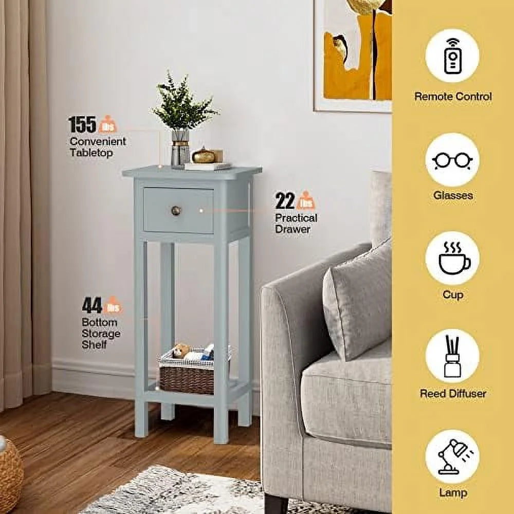 Narrow Acacia Wood Side Table with Drawer F48994