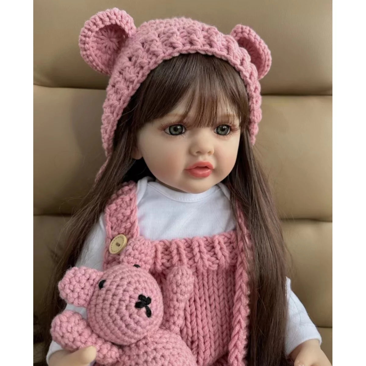 22 inch Soft Silicone Vinyl Reborn Baby Doll in Pink Knitted Clothes with Bear Toy C979