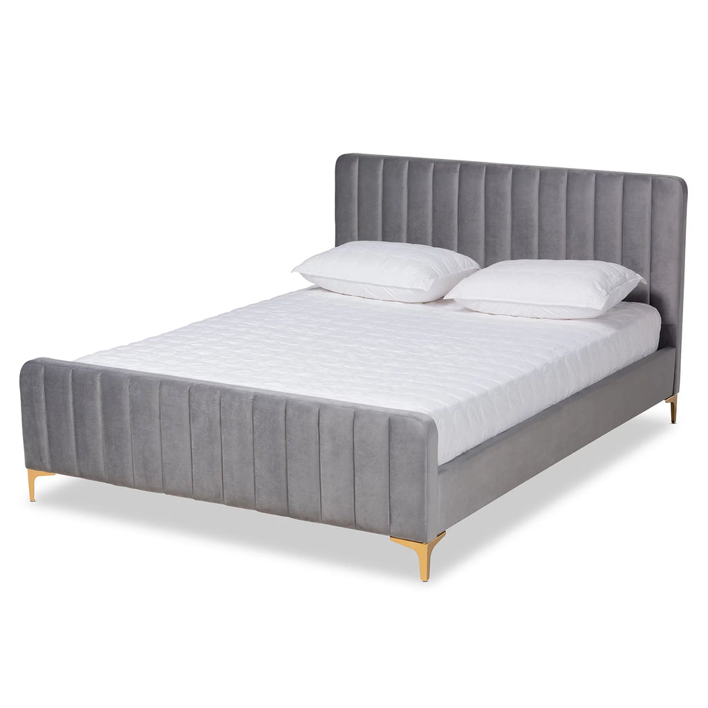 Light Grey Velvet Queen Size Platform Bed T19404