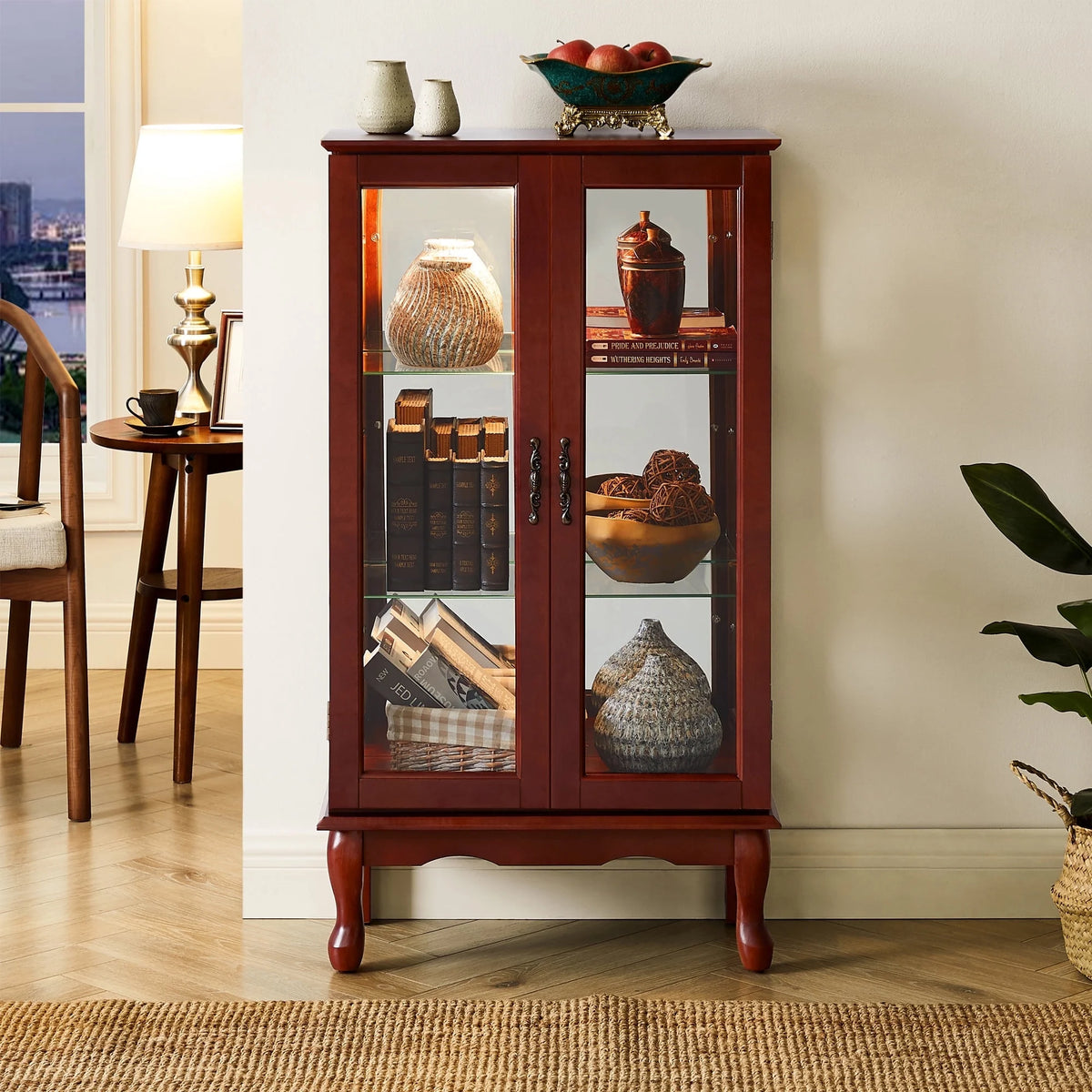 3 Tier Curio Cabinet with Tempered Glass Doors, Cherry E78001