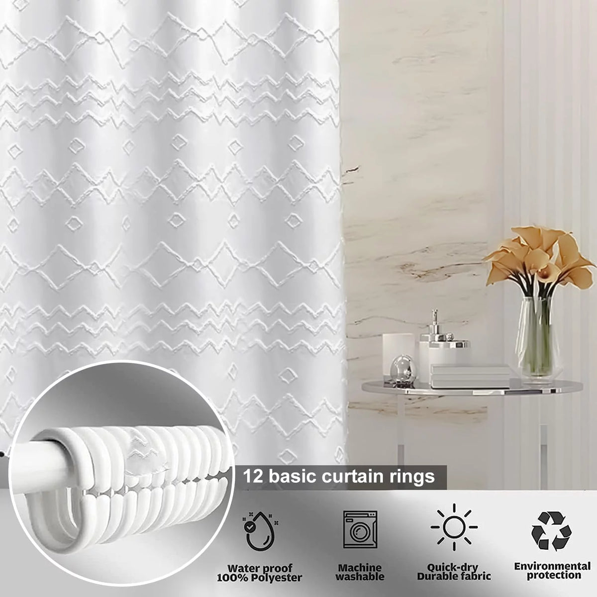 White Tufted Chevron Striped Fabric Shower Curtain 72" x 96" Q88051