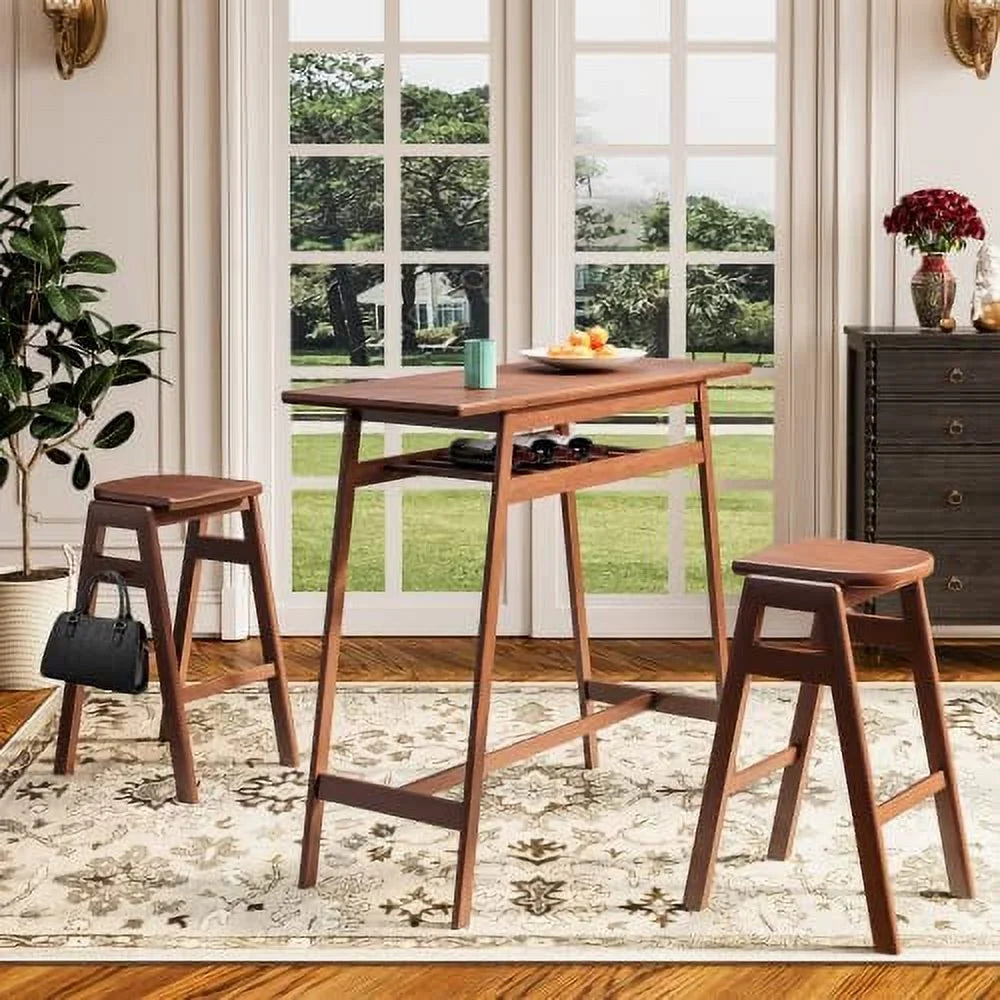 3 PCS Pub Dining Set Rubber Wood Stackable Backless High Stool with Shelf and Hooks H720