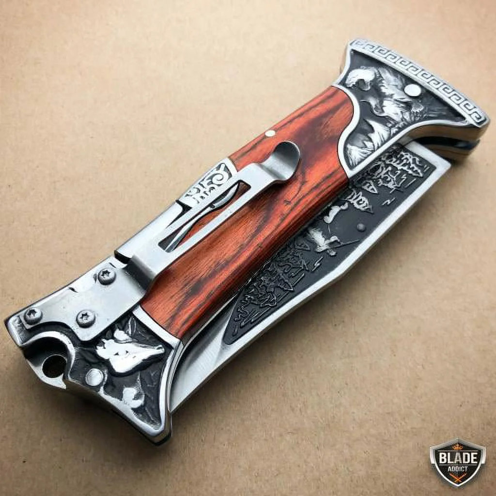 Brown Wood Handle Engraved Blade Lockback Folding Pocket Knife B344256