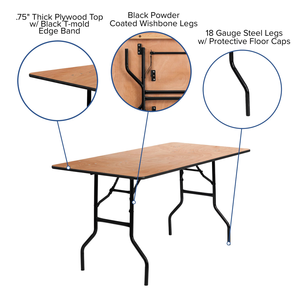 5-Foot Rectangular Wood Folding Banquet Table A601