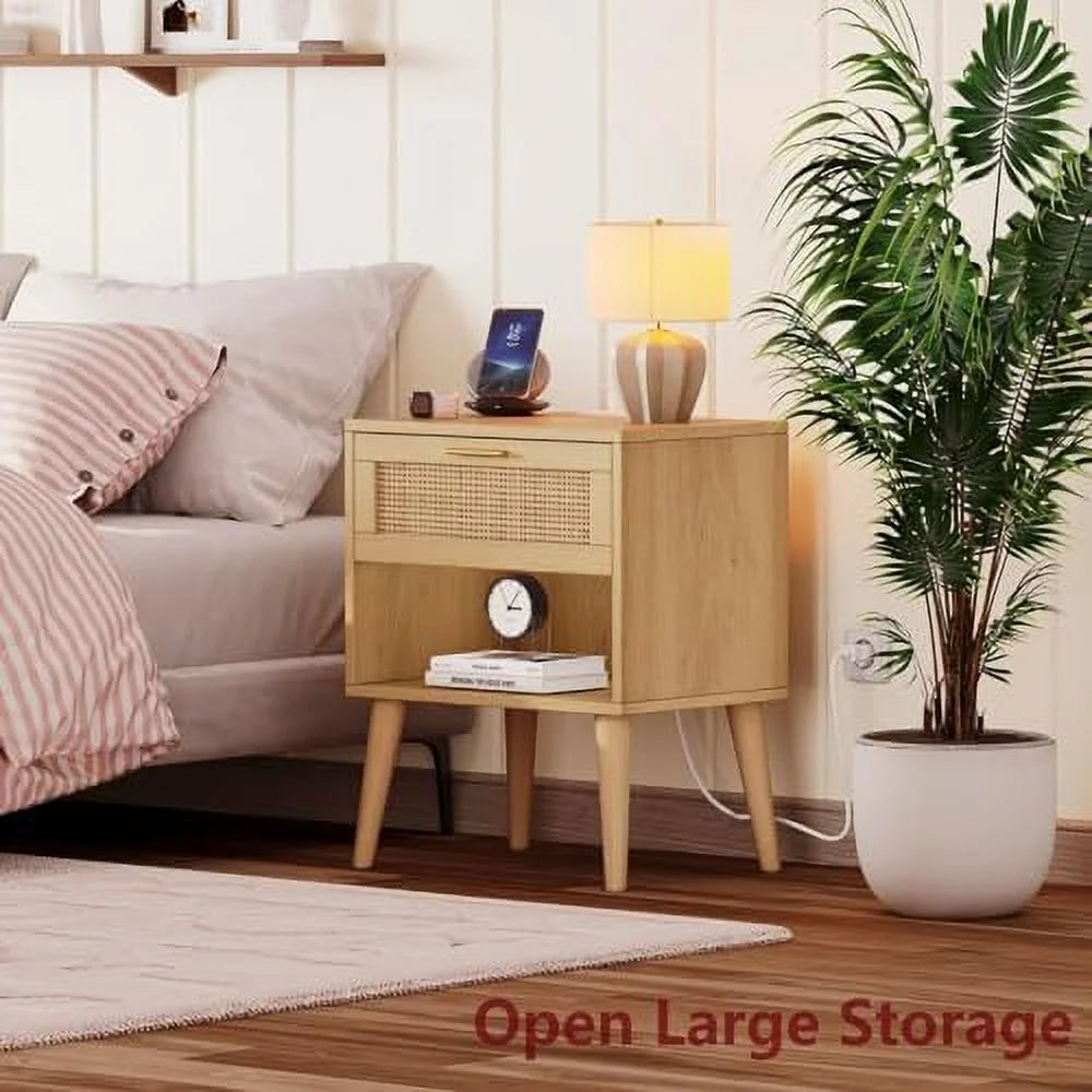 Rattan Nightstand with Charging Station 5 Drawers U28845