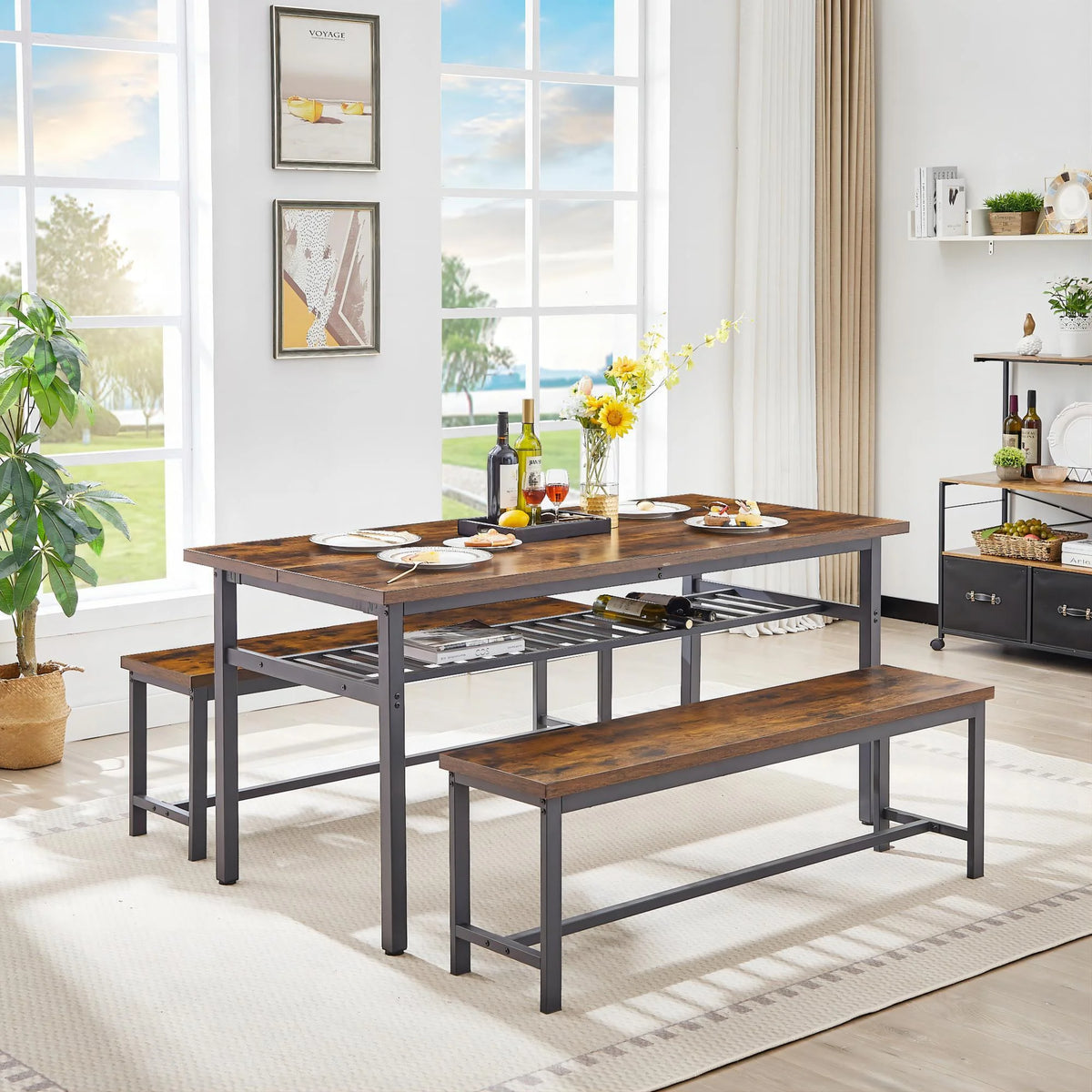 67 Inches 3-Piece Dining Table Set with 2 Benches X9044