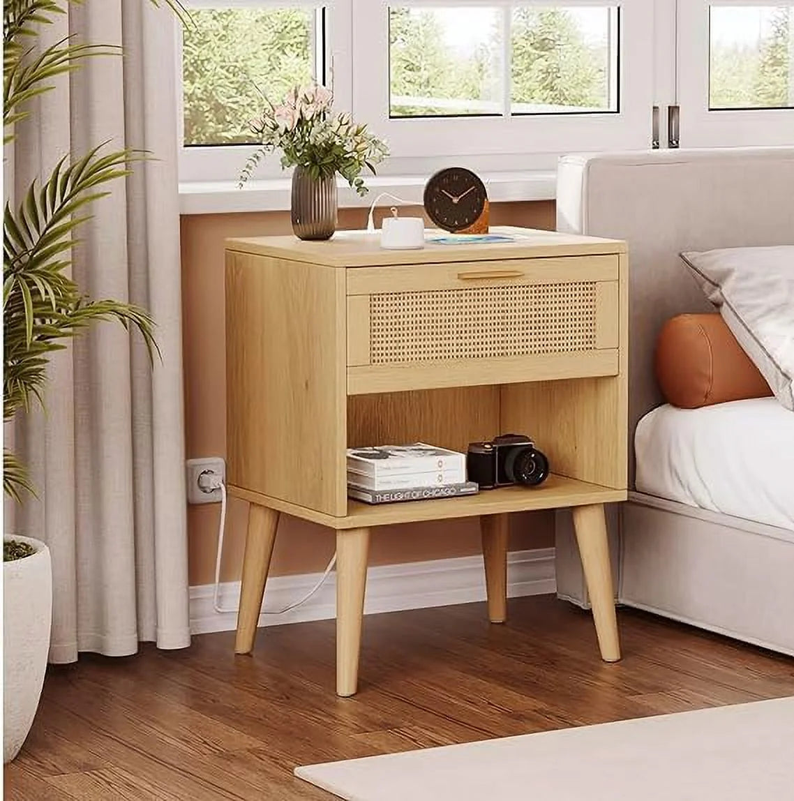 Rattan Nightstand with Charging Station 5 Drawers U28845