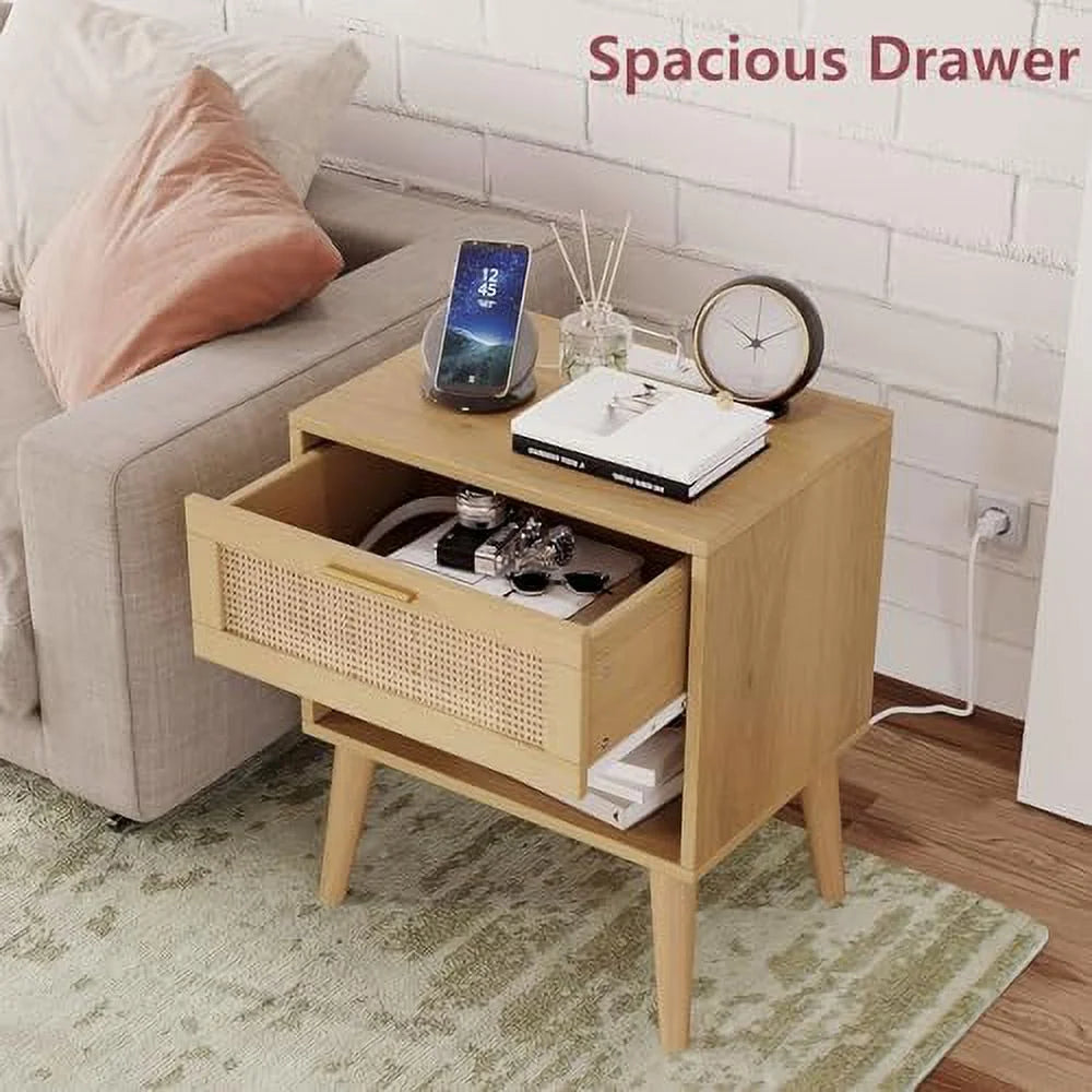 Rattan Nightstand with Charging Station 5 Drawers U28845