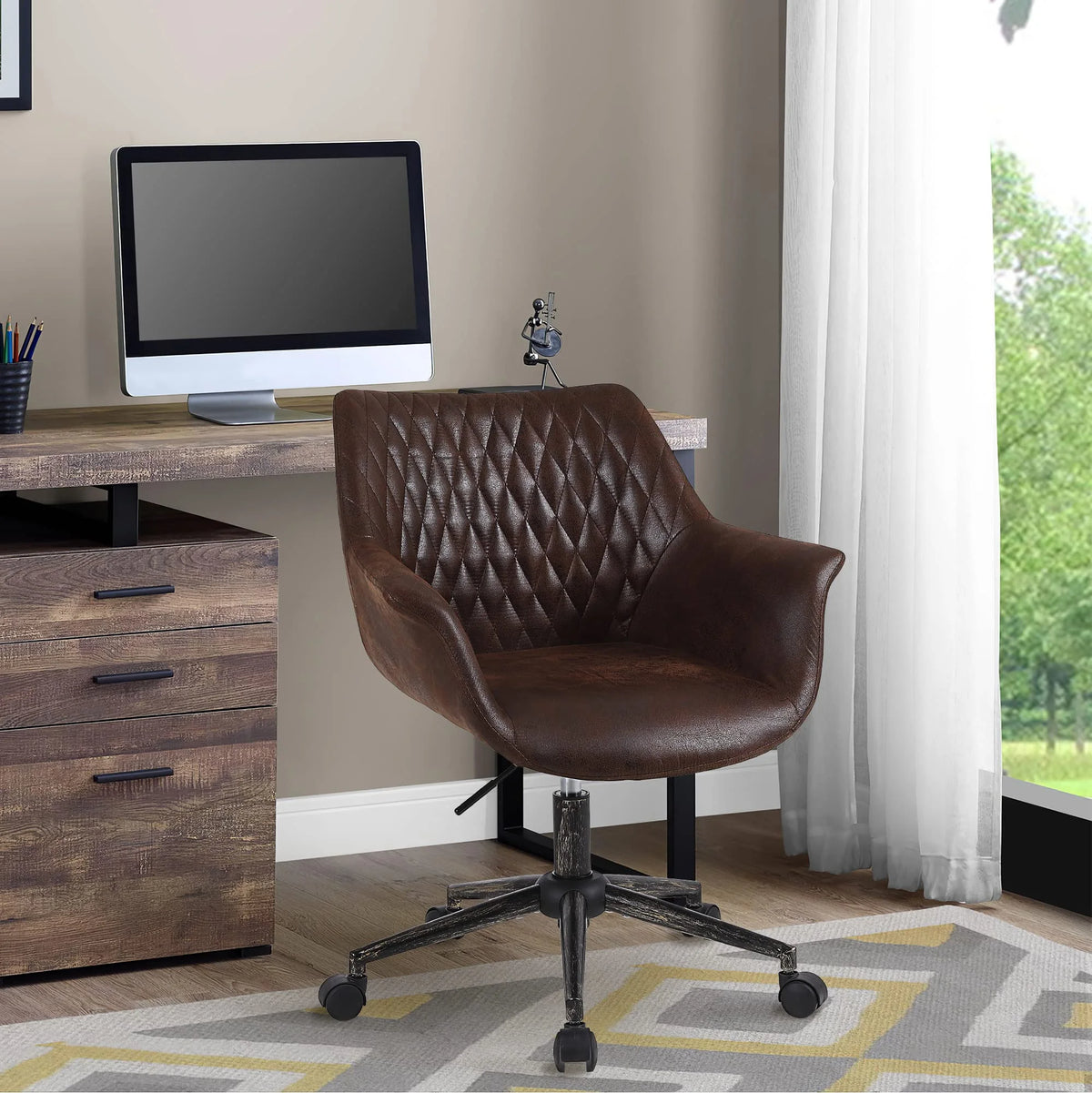 Faux Leather Height Adjustable Desk Chair with Armrest and Wheels W69840