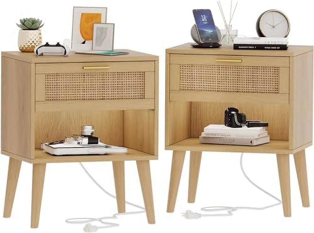 Rattan Nightstand with Charging Station 5 Drawers U28845